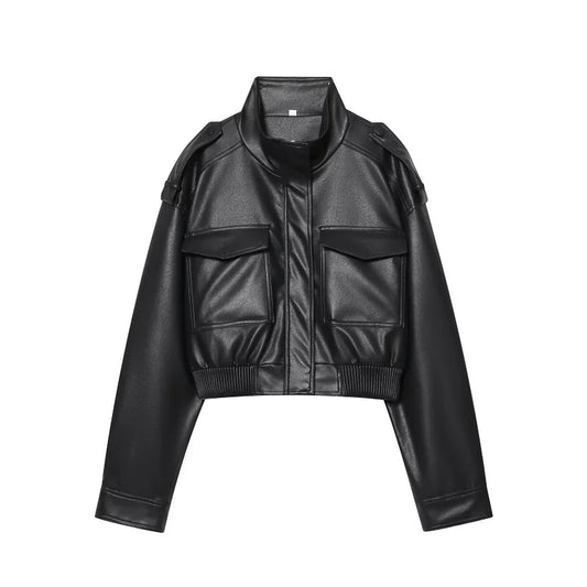 Leather Cropped Jacket Women Bomber