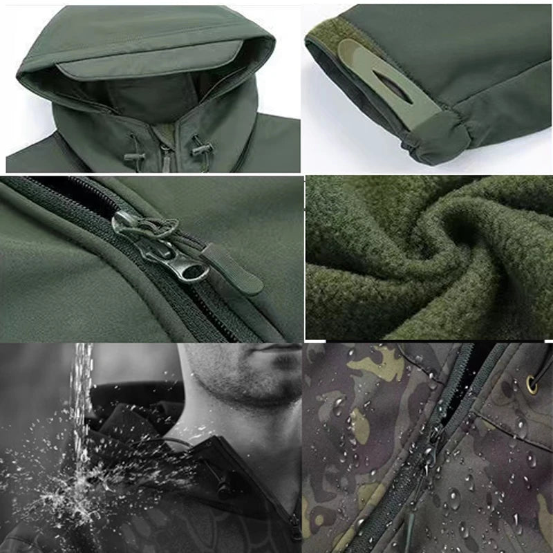 Men's Warm Softshell Fleece Hood Cargo Jackets Camping Hiking