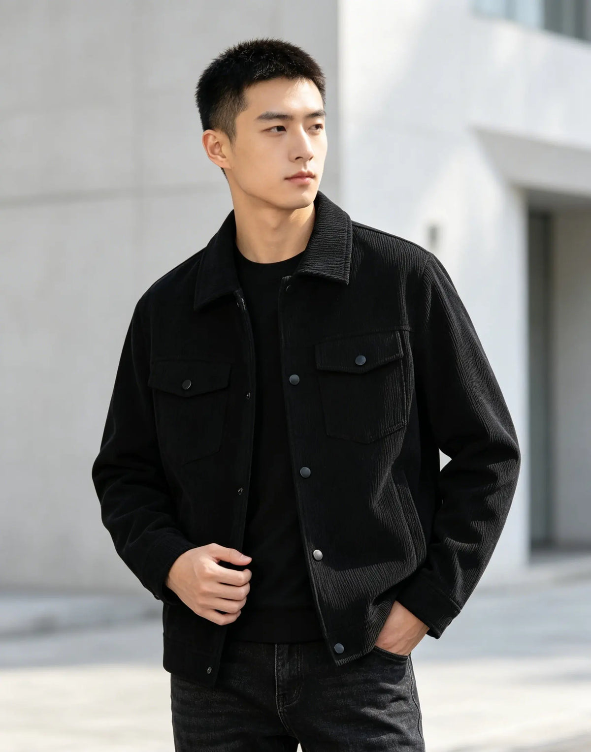 Men's Casual Jacket  Pure Color Buttoned Collar Pocket Leisurely