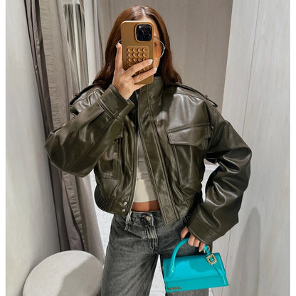 Leather Cropped Jacket Women Bomber