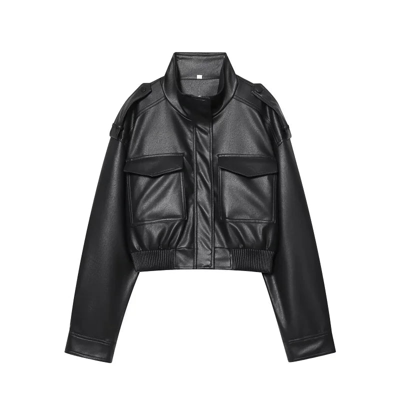 Leather Cropped Jacket Women Bomber