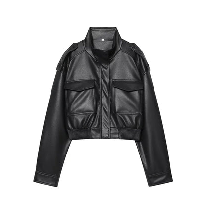 Leather Cropped Jacket Women Bomber