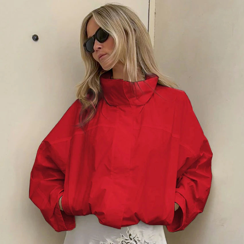 Women's Red Turtleneck Jacket | Street Chic Zipper Coat