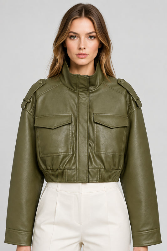 Leather Cropped Jacket Women Bomber