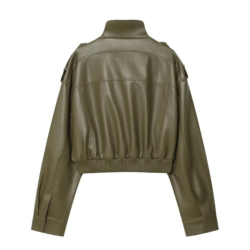 Leather Cropped Jacket Women Bomber